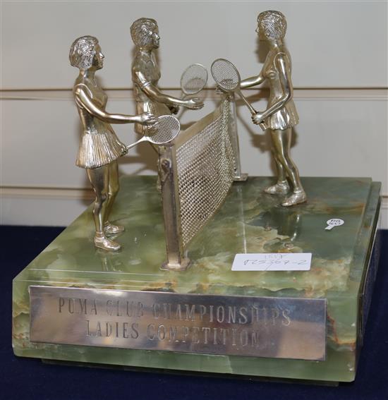 An early 1970s silver mounted green onyx tennis related presentation trophy,  Puma Club Championships Ladies Competition